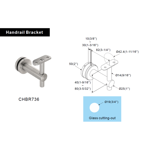 CHBR736, Glass Mount Handrail Bracket for Round Tube